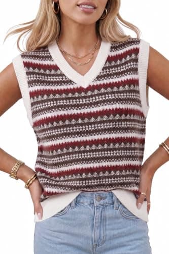 Arach&Cloz Women's Wool Blend Knit V Neck Loose Sleeveless Pullover Fair Isle Fashion Vintage Trendy Ribbed Casual Workwear Layering Sweater Vest Top Clothes Spring Fall Winter White S - Image 1