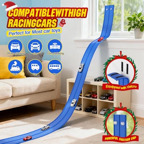 MozoaLata Flexible Race Track for Kids 15ft Race Car Track, Rolls Up Portable Racetrack Compatible with Hot Wheels & Diecast 1/64th Cars,2025 Christmas Birthday Gift, (2 Lane Tracks - Blue) - Thumbnail 4