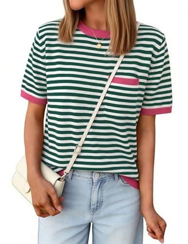 Aprolive Shirts for Women Short Sleeve Striped Tshirt with Color Block Stripes Crewneck for Business Casual Office Tops(10-Dark Green Pink,Medium) - Image 1