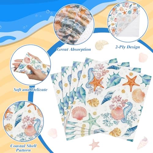 NatNarr 50 Pcs Seashell Napkins 6.5 Inch Vintage Coastal Beach Paper Napkins Blue Seahorse Starfish Conch Ocean Nautical Beverage Party Napkin for Summer Pool Coastal Wedding Decoupage, 2-Ply - Thumbnail 4