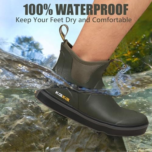 Kalkal Men's Deck Boots Anti-Slip Saltwater Fishing Rain Boots with Memory Foam, Waterproof Rubber Ankle Work Boots for Sailing (Olive Green, Size7) - Thumbnail 6