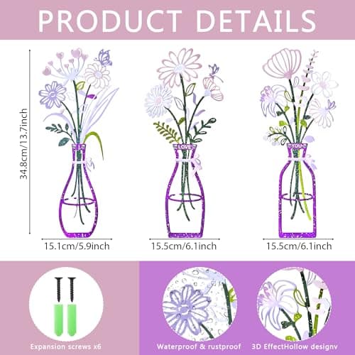 ArtCachet 3-Piece Metal Floral Wall Art - Bathroom Arts & Modern Farmhouse Decor,Home Wall Decors Sculptures for Living Room, Dining Room, Bedroom Wall Decorations & Housewarming Gift(Purple, Vase-A) - Thumbnail 5