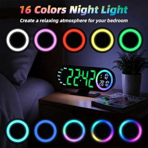 Digital Alarm Clocks with 16 Night Light, Loud Alarm Clock for Heavy Sleepers Adults Teens Kids Seniors, 3 Brightness 2 Alarm Mirror and LED Big Display Clocks for Bedside, Desk, Bedrooms Living Room - Thumbnail 2