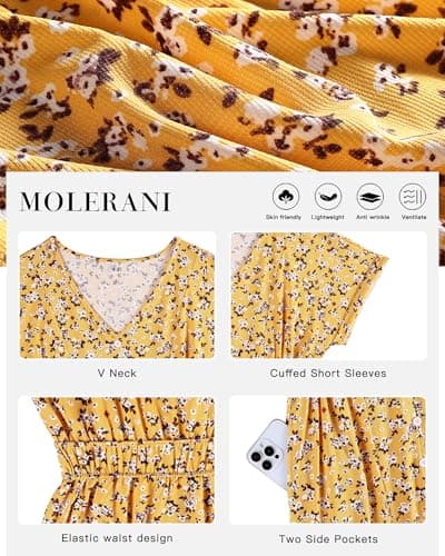 MOLERANI Summer Women's 2026 V Neck Casual Short Sleeve Midi Dress Waffle Knit Flowy Pockets Button Womens Maxi Boho Dresses Spring Floral Sundress Beach Vacation Outfits Comfy, YE S Floral, M - Thumbnail 4