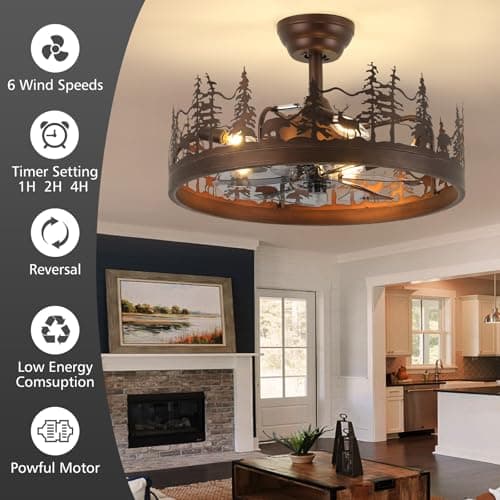 Merexcint Farmhouse Rustic Ceiling Fan with Light, 21" Vintage Cage Ceiling Fans with Lights, Rustic Ceiling Fan for Living Room, Bedroom, Hallway, Entryway Lighting - Thumbnail 4