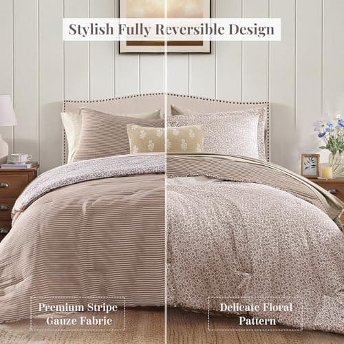 BLOOMHAVEN Full Comforter Set - 7 Pieces Dark Brown Bedding Sets for All Seasons, Lightweight Breathable Bed in a Bag Full with Revesible Farmhouse Comforter, Sheets, Pillowcases & Shams - Thumbnail 2