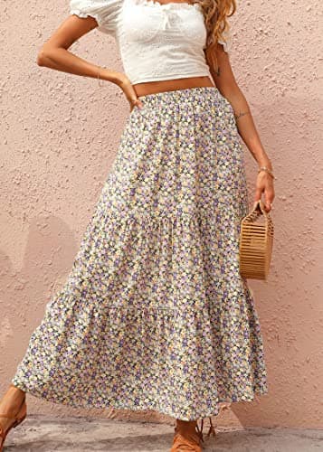 KIRUNDO Maxi Skirts for Women 2026 Summer Boho Floral High Waist Casual Flowy Long Skirt Beach Vacation Cruise Resort Wear(Purple, X-Large) - Thumbnail 4
