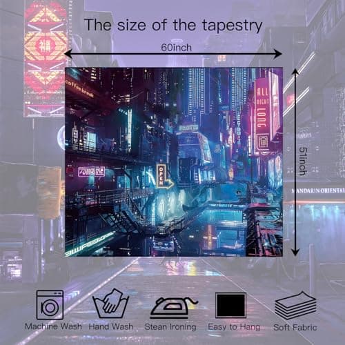 Anime Punk City Wall Tapestry for Bedroom, Japanese Futuristic Neon Night Street Cyberpunk Tapestries Aesthetic, Futurism Skyscraper Backdrop for Living Gaming Room Dorm Decor 51in X 60in - Thumbnail 6