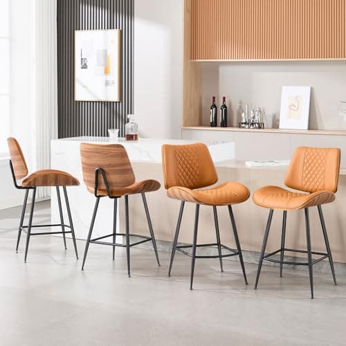 BERYTH Counter Height Barstools set of 4, 26.9" Armless Stools with Metal Legs, Walnut Pub Chair in Modern Style,PU Leather Bentwood Bar Chair for Home Counter, Kitchen Dining Island,Cafe(WhiskyBrown) - Image 1
