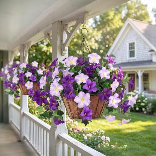 AMORISE 3PCS Hanging Artificial Flowers with Basket, Morning Glory Patio Decorations Outdoor Fake Hanging Decoration, Look Real UV Resistant Artificial Flowers for Outdoor Porch Patio Balcony(Purple) - Thumbnail 4