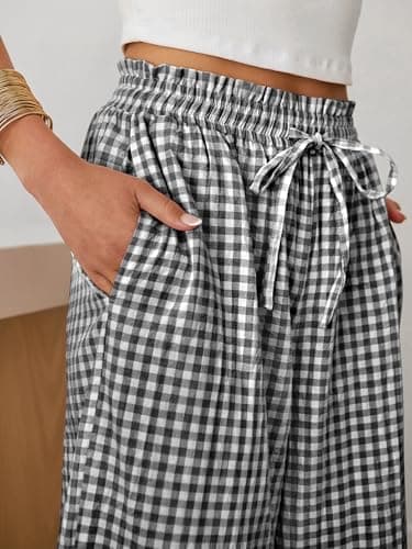 ANRABESS Womens Striped Gingham Palazzo Capri Pants Pajama Wide Leg Lounge Trousers Plaid Cute Crop PJ Bottoms with Pockets Black White Plaid X-Large - Thumbnail 3