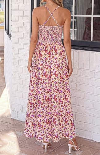 BTFBM Summer Dresses for Women 2026 Spring Floral Spaghetti Strap Smocked Cutout Maxi Dress Resort Beach Vacation Outfit(Floral Light Brown, Large) - Thumbnail 3