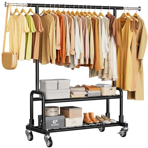 Luxspire Heavy Duty Clothes Rack, Clothing Rack Load 600 LBS, Rolling Clothes Racks for Hanging Clothes with Sturdy Wheels & 2 Tier Shelves, Adjustable Garment Rack for Bedroom, Laundry Room, Black - Image 1