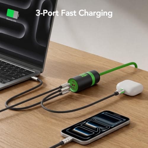 MFish 65W GaN Fast Wall Charger Block with 2 USB-C & 1 USB-A Ports, 5ft Nylon Extension Adapter – High-Speed Charging for iPhone, iPad, MacBook, Samsung Galaxy, and More Devices (Cyber Green) - Thumbnail 3