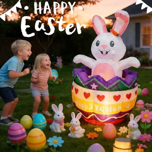 6FT Easter Inflatables Outdoor Decorations with Rotating Colorful Led Lights Inside Eggs,Up And Down Giant Inflatable Waterproof Bunny Blow Up Yard Decor Lawn Patio Lawn Party & Spring Holiday Display - Thumbnail 2
