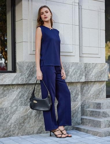 difficort 2 Piece Lounge Set Women CrewNeck Casual Sleeveless Tops Straight Leg Pants Matching Outfits,Navy,Large - Thumbnail 3
