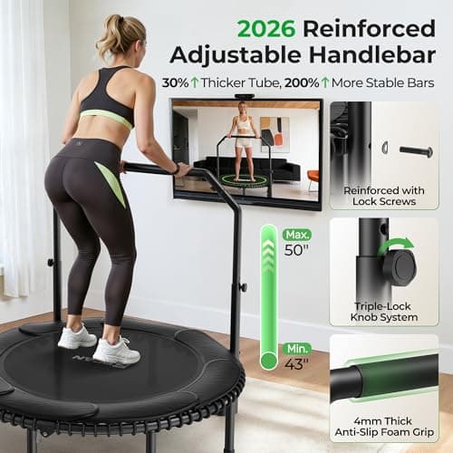 BCAN BT2 Rebounder Trampoline for Adult, 48" Fitness Trampoline with Bungees, U Shape Adjustable Foam Handle, Stable & Quiet, Indoor Outdoor Workout-48Inch-Deep Black - Thumbnail 5