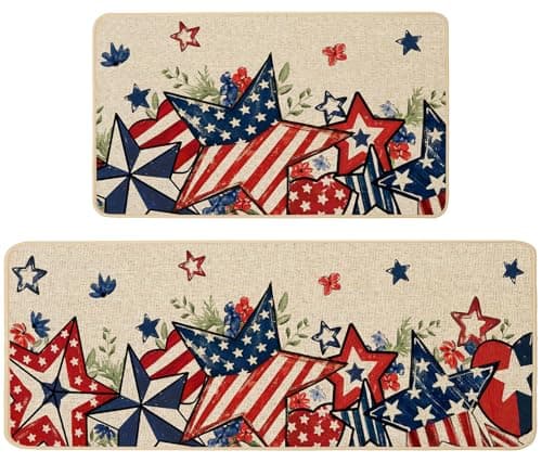 Baccessor Patriotic Kitchen Rugs Set of 2, Memorial Day 4th of July Independence Day Star Floral Kitchen Mats for Floor Low-Profile Holiday Home Decor 17x29 and 17x47 Inch