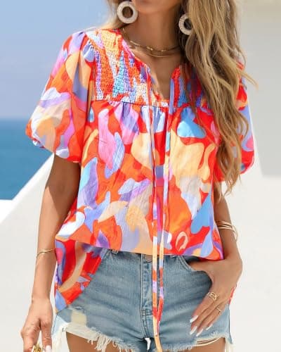 KIRUNDO Boho Tops for Women Summer 2026 Dressy Floral Blouse V Neck Drawstring Short Sleeve Shirts Beach Vacation Clothes(Pink Multicolored, X-Large) - Thumbnail 5