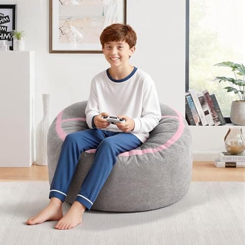 HABUTWAY 2FT Bean Bag Chair, Small BeanBag Chairs with Memory Foam Filled, Ultra-Soft Velvet Bean Bag Chair with Portable Handle, Comfy Bean Bag Sofa for Living Room, No Assembly - Light Grey & Pink - Thumbnail 3