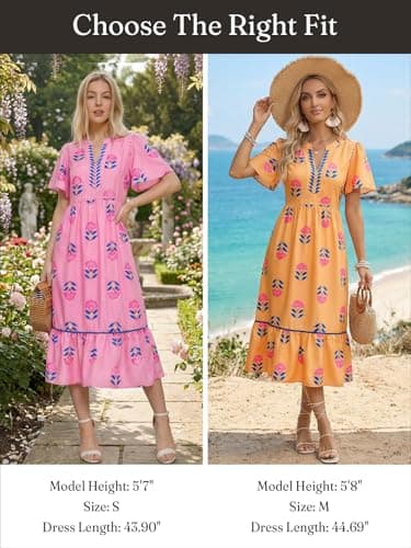 Wenrine Womens Summer Floral Midi Dress Casual Short Sleeve V Neck Flowy Ruffle Boho Beach Sundress with Pockets Orange - Thumbnail 6