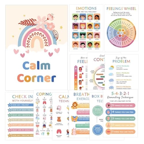 XXBUSSING Calming Corner Posters for Classroom, 12 Pcs Toddler Learning Posters Feelings Chart for Kids Homeschool Calm down Corner Supplies Learning Wall Decor for Classroom - Image 1