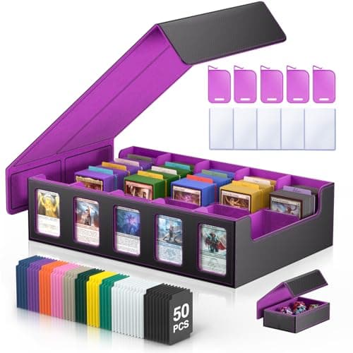 MORCCO Trading Card Storage Box 5-Row 3900+ Capacity,TCG MTG Card Case with Magnetic Lid & Commander Display,Top Loader Storage for Sports Cards,Includes Dividers Dice Box（Black Purple） - Image 1