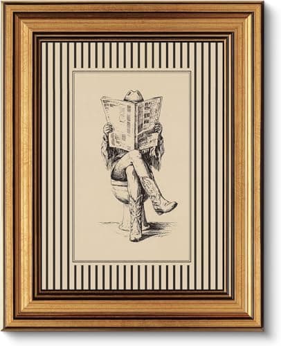 Gold Framed Wall Art, Funny Western Cowgirl Bathroom Canvas Prints, Cowgirl Reading Newspaper on Toilet Picture Wall Decor, Neutral Rustic Farmhouse Artwork for Bathroom Restroom 12x16 inch