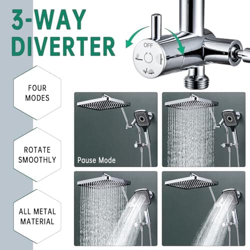13-Inch Shower Heads with Multi-Function Handheld Sprayer Combo, 3-Way Metal Extended Diverter with Holder and Metal Adjustable Shower Extension Arm, Extra Long Hose(Chrome) - Thumbnail 4