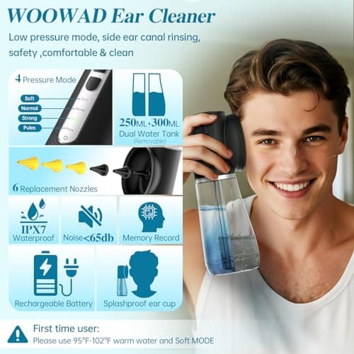 Ear Wax Removal Kit,Electric Ear Cleaner,Ear Cleaning Kit for Adults -250+300ML Dural Watertank,4 Adjustable Water Pressure,6 Tips,Splash-Proof Ear Muff,IPX7 Waterproof,One-Hand Use,Memory Record - Thumbnail 2