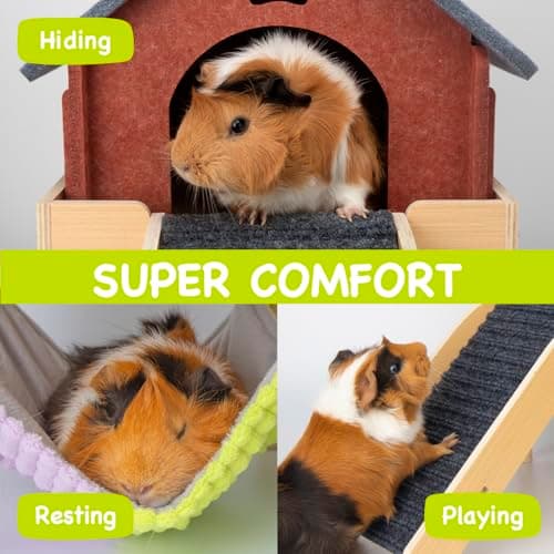 BESNEW 3 in 1 Enlarged Guinea Pig Hammock,Wooden Guinea Pig Hideout with House & Platform & Stairs Small Animal Toys for Hiding Sleeping Activities - Thumbnail 3