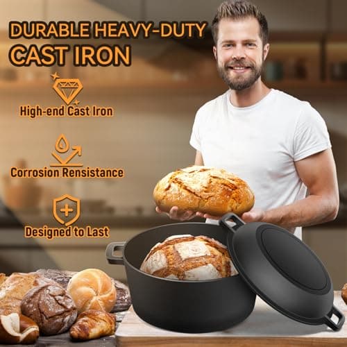Cast Iron Dutch Oven for Bread Baking, Banneton Bread Proofing Basket Sourdough Bread Baking Supplies, 2-in-1 Dutch Oven Pot with Skillet Lid Cooking Pan Handles Lame, 5QT - Thumbnail 5