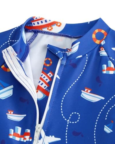 JiAmy Toddler Baby Boy Swimsuit with Sun Hat Long Sleeve Zipper Rash Guard Sun Protection Beach One Piece Bathing Suit Navy Blue 12-18 Months - Thumbnail 6