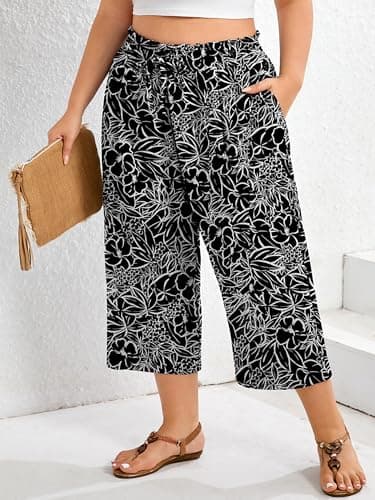 AusLook Plus Size Capri Wide Leg Pants for Women with Pockets High Waisted Elastic Drawstring Summer Casual Flowy Boho Vacation Beach Cropped Black White Flowers 5X Trousers - Thumbnail 2