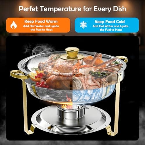 ALSO GO Round Chafing Dishes for Buffet with 4 Serving Tongs, 4 Pack 6QT Chafing Dishes Buffet Set, Golden Stainless Steel Catering Food Warmer for for Party, Gathering,Wedding - Thumbnail 2