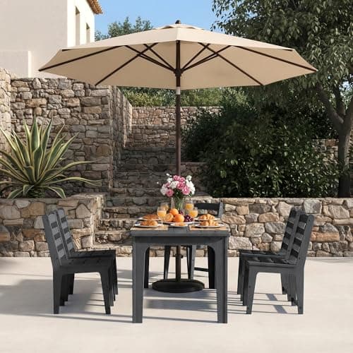 ACUEL HDPE Patio Dining Set for 6, Weather-Resistant Outdoor Table with Umbrella Hole, Never Sagging One-Piece Tabletop with Metal Support Bars for Poolside Backyard Garden (Black) - Thumbnail 4