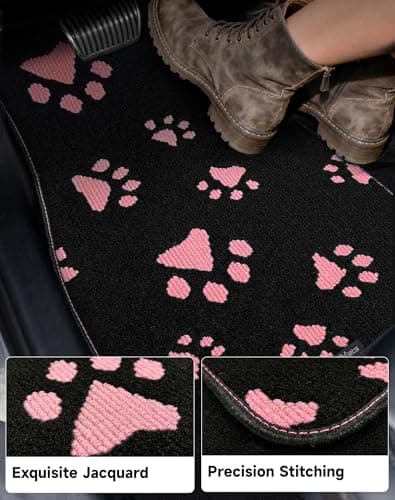 OEMATS Cute Embroidered Dog Paw Car Floor Mats for Pet Lovers, Universal Fit All Weather Car Mats with Anti-Slip Nibbs Backing, Carpet Floor Mats for Cars, Trucks & Sedans, Full Set of 4 (Pink Paw) - Thumbnail 2