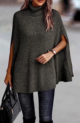 KIRUNDO Women's 2026 Fall Winter Turtleneck Poncho Sweater Fashion Chunky Knit Cape Wrap Sweaters Pullover Jumper Tops(Army Green, Medium) - Thumbnail 2