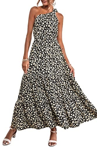 PRETTYGARDEN Women's Summer Floral Maxi Dress Knot One Shoulder Sleeveless Ruffle Flowy Boho Beach Wedding Guest Dresses(Black,X-Large) - Image 1