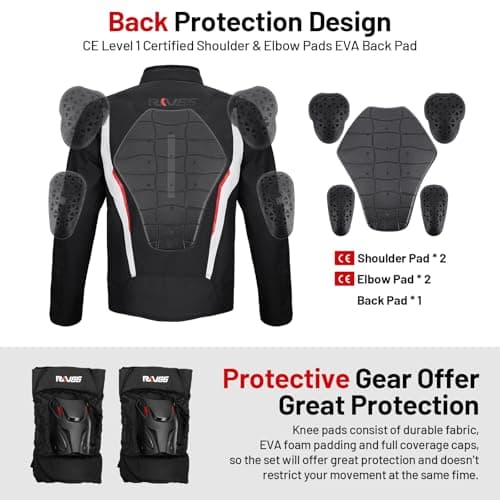RKV86 Mens Motorcycle Jacket with Detachable Thermal Liner & Knee Pads CE Armored Riding Jacket Water-Repellent Windproof for All Season (Black-White XXL) - Thumbnail 3