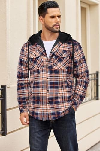 COOFANDY Flannel Jacket Men Plaid Shirt Jackets Hooded Lined Shacket Quilted Cotton Button Down Fall Coat XL - Thumbnail 3