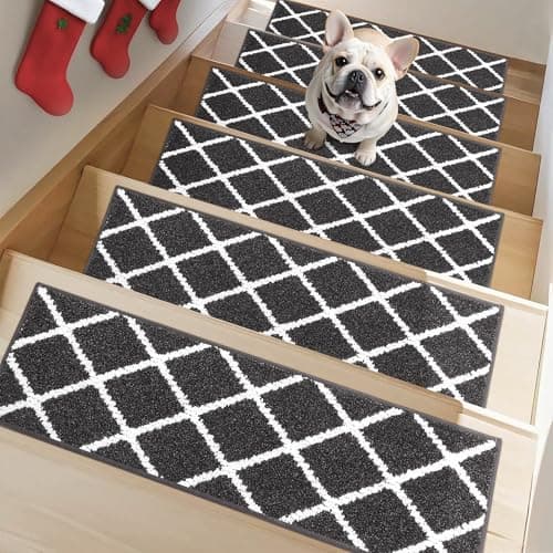 Non-Slip Stair Treads for Wooden Steps Indoor, 15 Pack 9" X 28" Edging Stair Carpet Mat with TPE Backing, 0.4" Thick Stair Runners for Kids Elders & Pets, 100% Polyester Stair Rugs, Black&White - Image 1