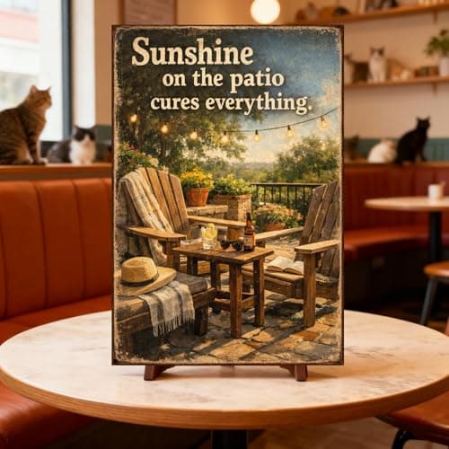Sunshine on the patio cures everything vintage tin sign rustic outdoor wall decor metal artwork garden porch yard terrace farmhouse style inspirational quote plaque 8x12 inch - Thumbnail 2