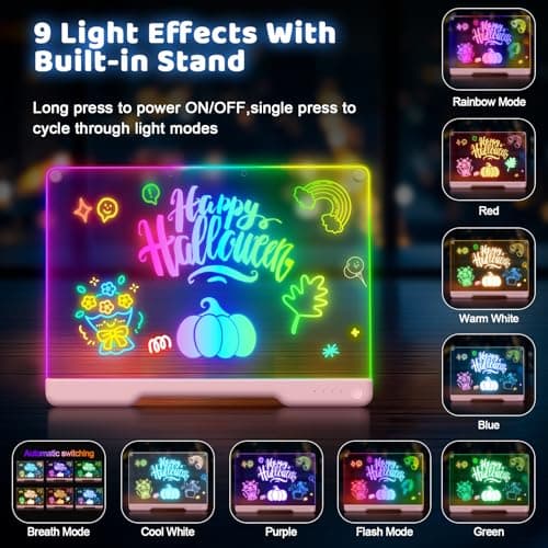 16-Inch Rechargeable LED Drawing Board, 9-Color Light Modes, Neon Art Dry Erase Light Up Doodle Glow Pad with Built-in Stand, Sketching Gift Toy for Kids/Girls/Teens, 5 Markers & Tracing Book - Thumbnail 4