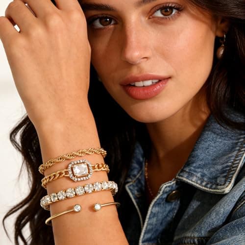 Alegend Bracelets Sets 14K Gold Plated Stackable Bold Twisted Rope, Romantic Crystal, Delicate Chains Bangle Glamorous Gift - Thumbnail 3