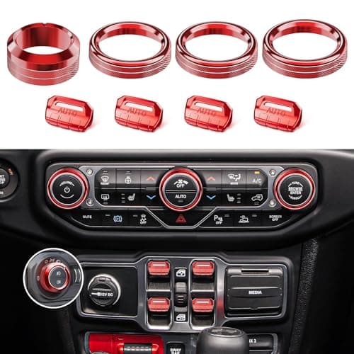 DIAMOOKY 8PCS Metal Button Knob Cover for Jeep Wrangler JL JLU 2018-2025 2026 & Gladiator JT Accessories Window Switch Button Cover Volume Radio Air Conditioner Headlight Switch Knob Cover (Thin Red)