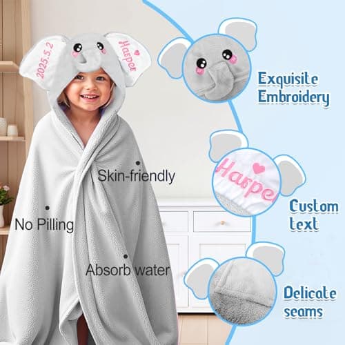 Individz Custom Hooded Bath Towel with Name, Personalized Highly Absorbent Elephant Towels, Baby Bath Towels for Girls Boys, Christmas Brithday for Baby, Toddler, Newborn (Grey) - Thumbnail 3