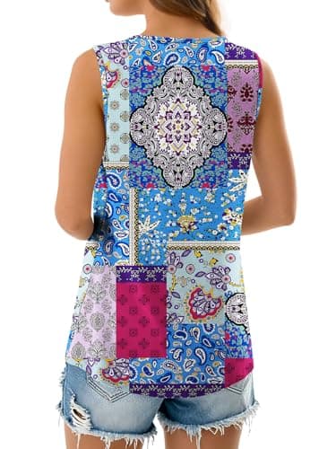 NORACORA Womens Summer Tank Tops Sleeveless T Shirt Casual Loose Fit Tunic Blouses Blue Blocks M - Thumbnail 6