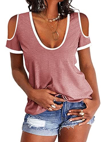 Dellytop Women's Cold Shoulder Top Casual Scoop Neck Short Sleeve T-Shirt Dark Pink - Image 1