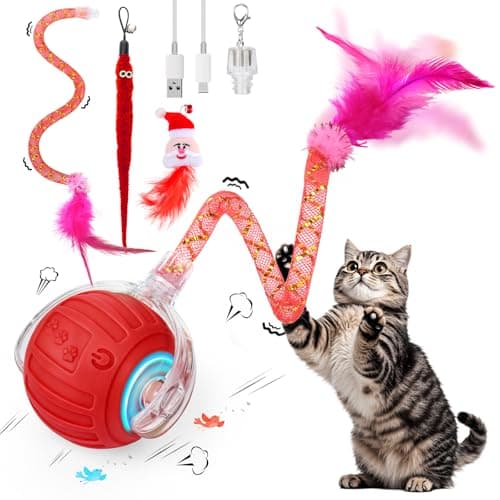 Interactive Cat Toy Ball - Christmas Cat Toys for Indoor Cats with Feather Tails for Chasing, Moving Stimulation Smart Cat Toy for Enrichment, Motion Activated Automatic Rolling Toys to Keep Them Busy